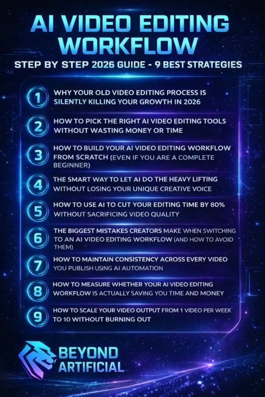 AI video editing workflow step by step 2026 guide infographic with 9 best strategies for faster editing and YouTube automation with beyond artificial logo