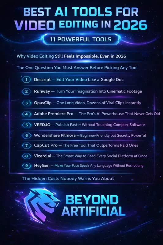 AI video editing tools 2026 list with 9 powerful tools, futuristic neon design and Beyond Artificial logo showcasing Descript, Runway, CapCut, and more