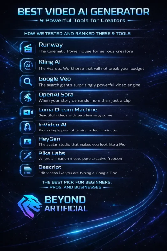 Best Video AI Generator infographic showing 9 powerful AI video tools including Runway, Kling AI, Google Veo, OpenAI Sora, Luma Dream Machine, InVideo AI, HeyGen, Pika Labs, and Descript.