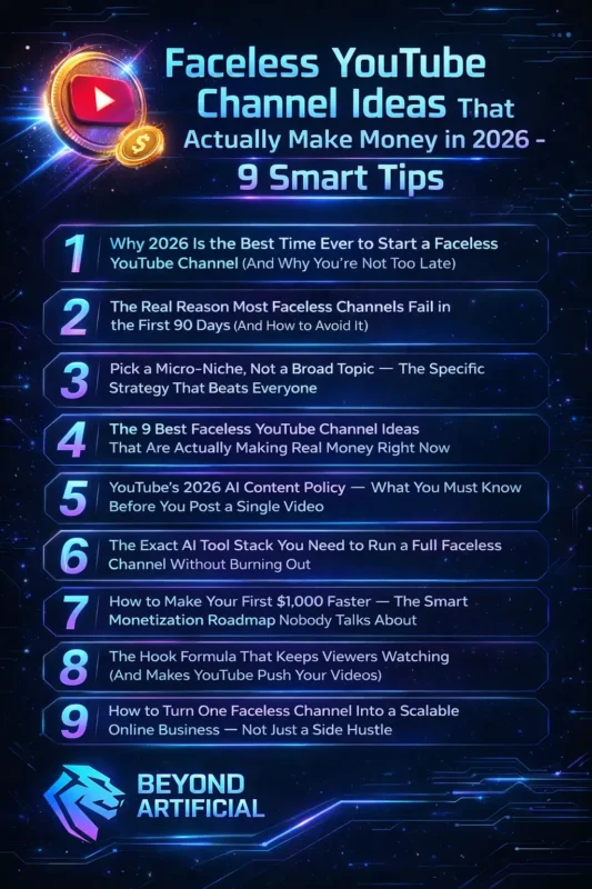 Faceless YouTube channel ideas 2026 infographic with 9 smart tips for growth and monetization with  beyond artificial logo
