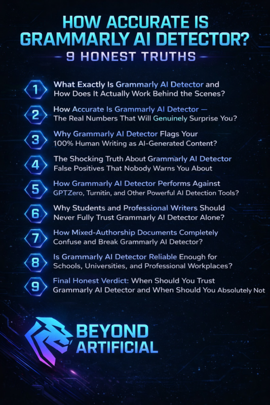 Infographic explaining Grammarly AI detector accuracy with 9 key truths, comparisons with GPTZero and Turnitin, and insights on false positives and reliability.