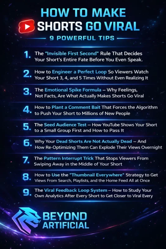 How to make YouTube Shorts go viral 9 powerful tips infographic for Shorts growth strategy with beyond aetificial logo