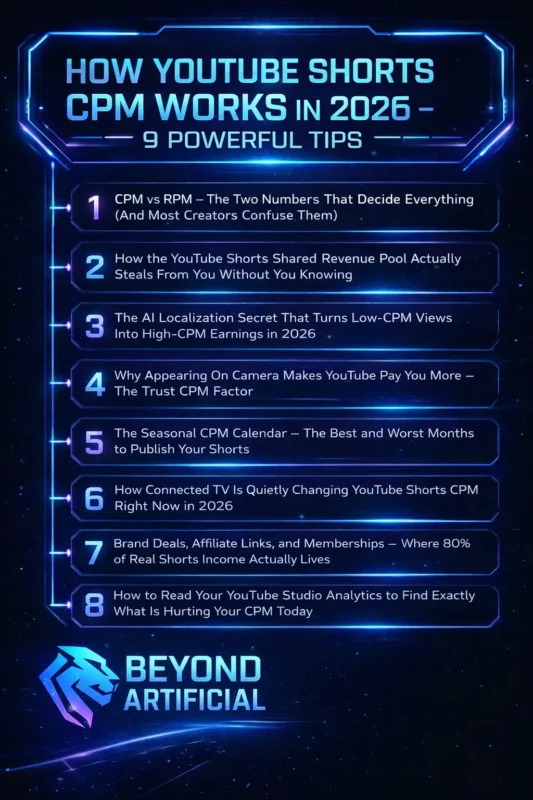 Infographic showing how YouTube Shorts CPM works in 2026 with 9 powerful tips and Beyond Artificial logo.