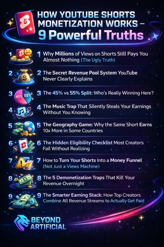 YouTube Shorts monetization infographic explaining 9 powerful truths about Shorts revenue and creator earnings.