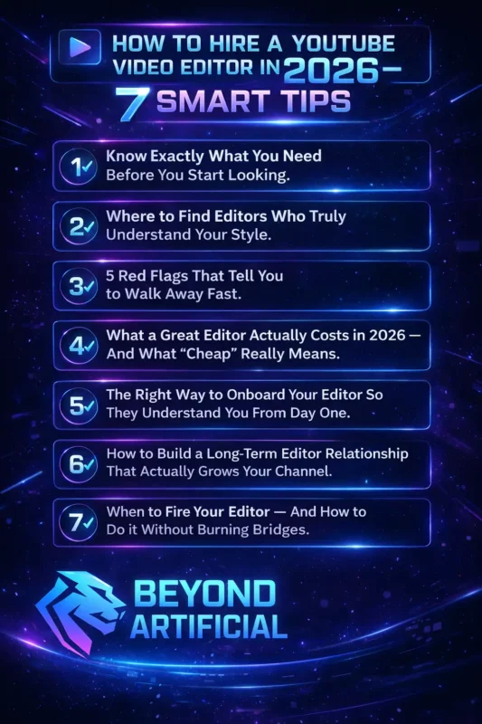 How to hire a YouTube video editor in 2026 with 7 smart tips for finding, onboarding, and managing the right editor for channel growth with beyond artificial logo