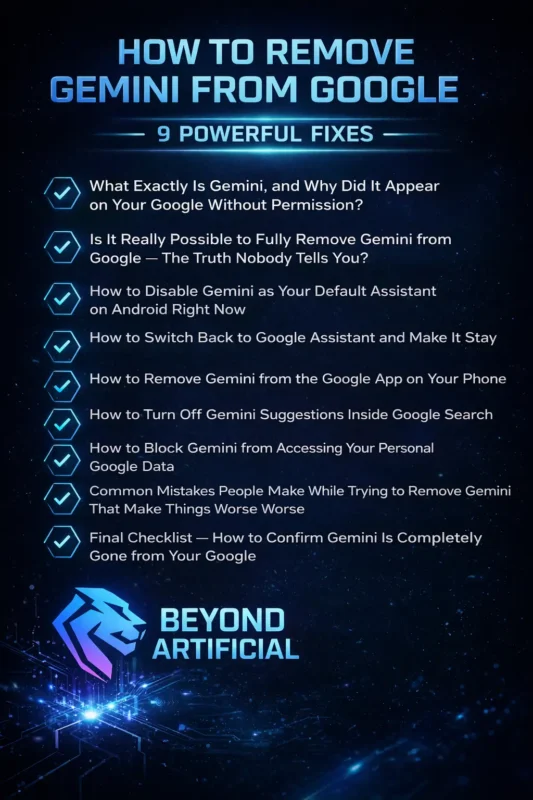 How to Remove Gemini from Google infographic showing 9 powerful fixes to disable Gemini AI and restore Google Assistant.