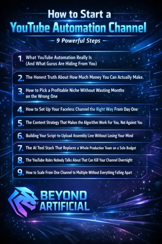 Infographic showing “How to Start a YouTube Automation Channel ” with a futuristic blue AI theme and Beyond Artificial lion logo.