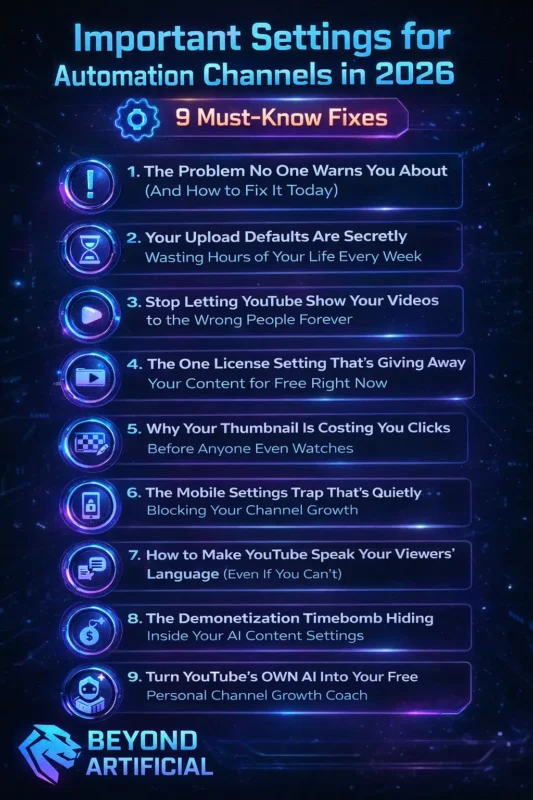 Important YouTube automation channel settings in 2026 with 9 must-know fixes for growth, CTR, monetization, and audience targeting with beyond artificial logo