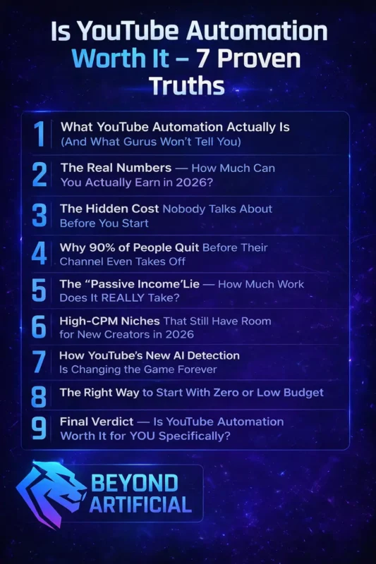 Is YouTube Automation Worth It 2026 infographic with 7 proven truths, tips, and strategy guide