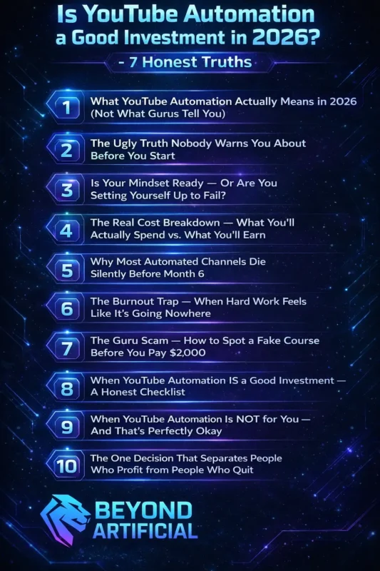 YouTube automation 2026 investment guide with 10 honest truths and risks explained with beyond artificial logo

