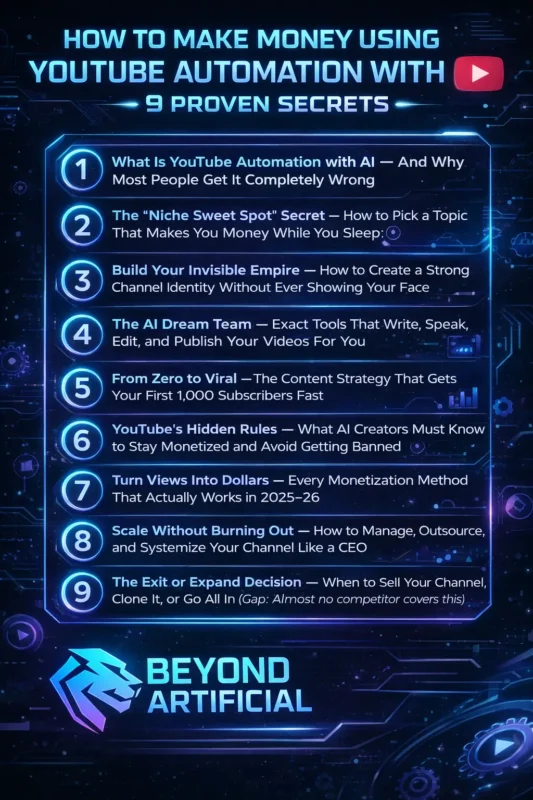AI YouTube automation infographic showing 9 proven ways to make money online with a futuristic digital theme and Beyond Artificial branding