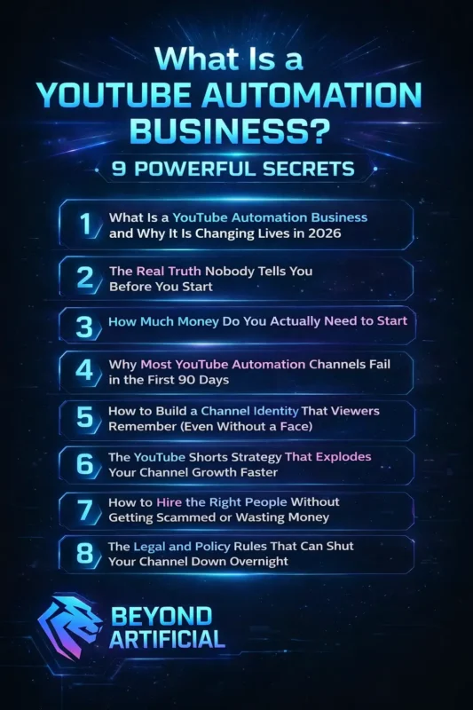 Infographic showing 9 powerful secrets to What Is a YouTube Automation Business with Beyond Artificial branding.