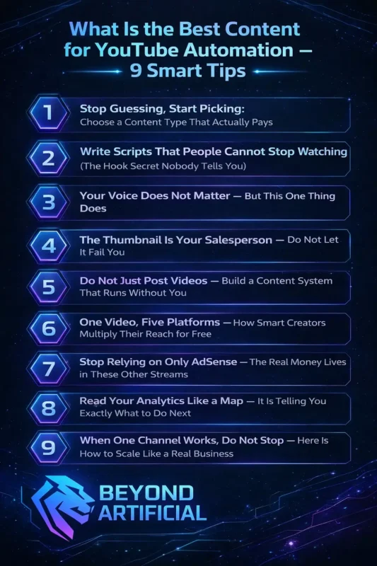 YouTube automation content strategy infographic with 9 smart tips for growth and monetization and with the logo of Beyond Artificial