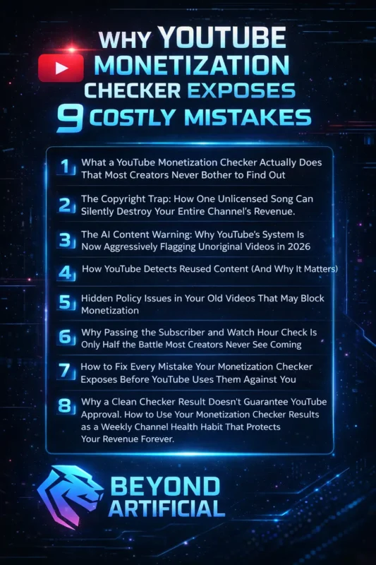 YouTube Monetization Checker infographic showing 9 costly mistakes that can block monetization and reduce channel revenue