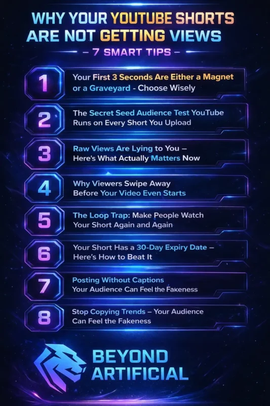 Infographic showing 9 smart tips why YouTube Shorts not getting views with Beyond Artificial logo