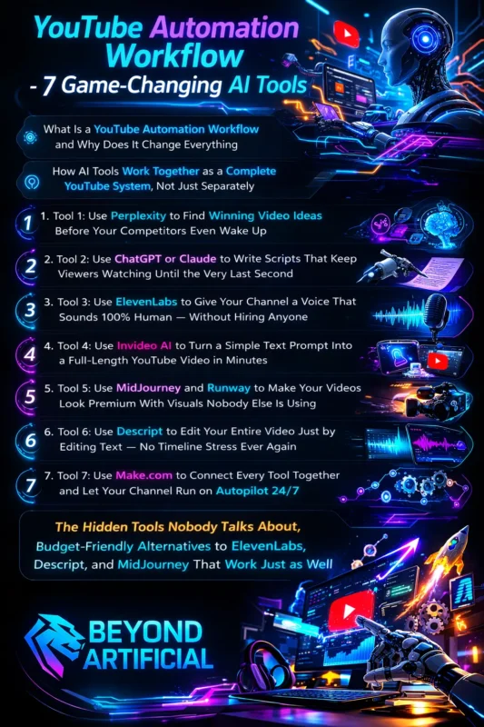 Infographic showing YouTube automation workflow with 7 AI tools for automated video creation.