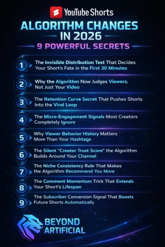 YouTube Shorts algorithm changes in 2026 infographic showing 9 powerful secrets for increasing views and reaching the viral loop.