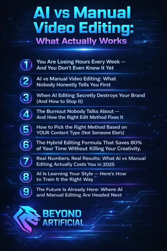 AI vs manual video editing: what actually works infographic showing 9 key strategies to save time, reduce burnout, and scale content creation with beyond artificial logo