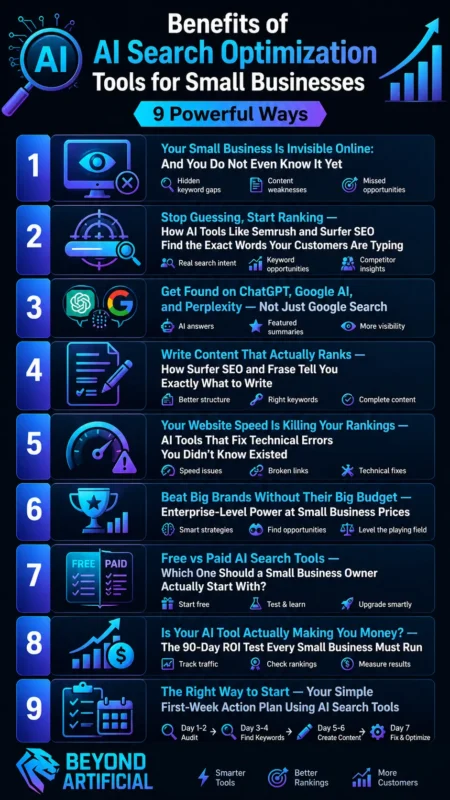 Benefits of AI Search Optimization Tools for Small Businesses infographic showing 9 powerful ways small businesses can boost visibility, rankings, and ROI, with a neon blue tech theme and Beyond Artificial branding.