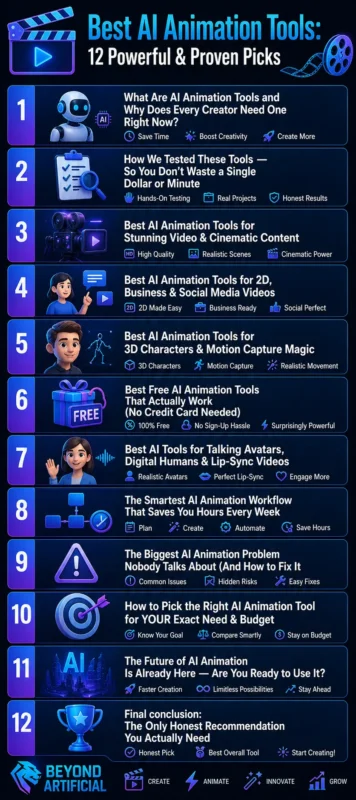 Best AI animation tools infographic highlighting 11 powerful picks, workflows, and tips for creating videos, 2D/3D content, avatars, and motion graphics, designed in a sleek neon tech style with Beyond Artificial branding.