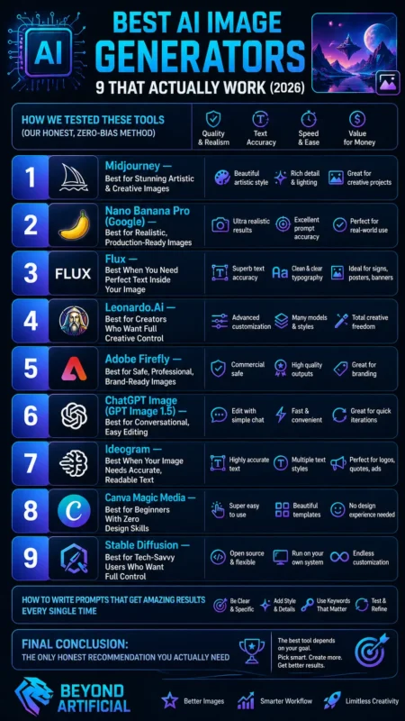 Best AI Image Generator tools for 2026 infographic showcasing best tools for realistic, artistic, and text-based visuals, with quick comparisons, prompt tips, and Beyond Artificial branding in a sleek neon tech design.