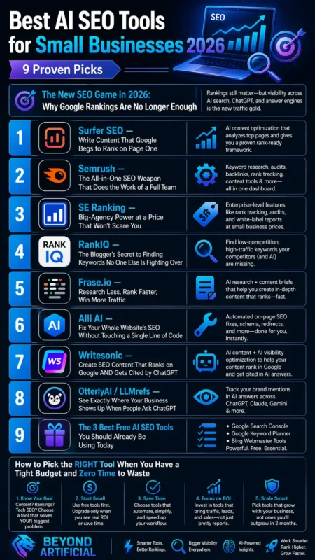 AI SEO tools infographic 2026 featuring Surfer SEO, Semrush, SE Ranking, RankIQ, Frase, Alli AI, Writesonic, and OtterlyA, clear guide for small businesses to boost rankings, AI visibility, and traffic fast