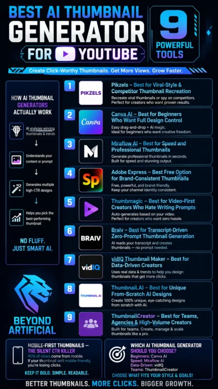 AI thumbnail generator infographic featuring Best AI Thumbnail Generator for YouTube how they work, and mobile-first CTR tips in a neon blue tech design with Beyond Artificial branding.