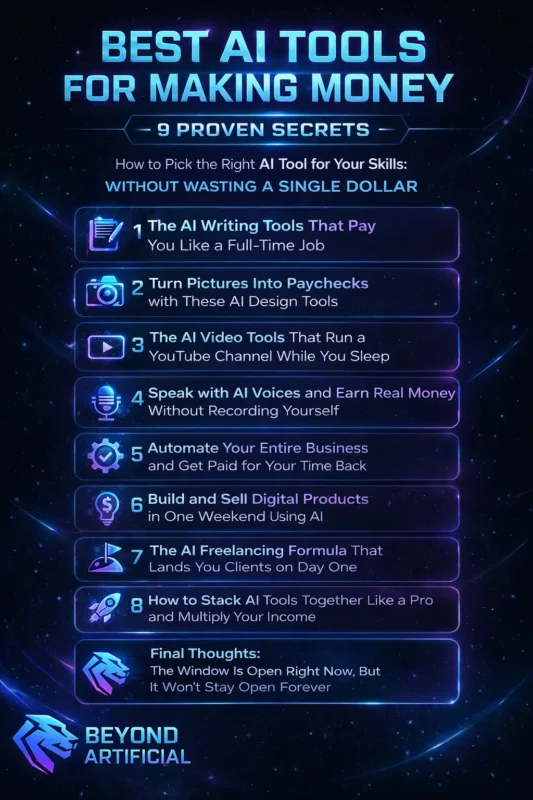 Best AI Tools for Making Money - 9 Proven Secrets infographic with AI income strategies, tools, and automation system for online earning witn beyond artificial logo