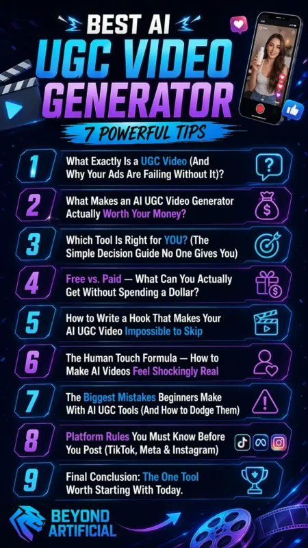 Bold neon infographic showing Best AI UGC Video Generator  with 9 actionable steps, social media icons, and Beyond Artificial logo on a dark futuristic background.
