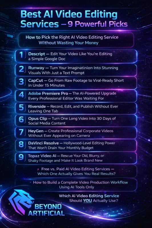 Best AI Video Editing Services - 9 Powerful Picks showcasing top AI tools for fast, professional video editing and content creation with beyond artificial logo
