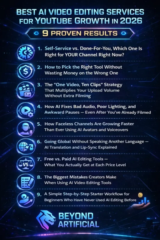 Best AI Video Editing Services for YouTube Growth in 2026 infographic showing 9 proven results for creators using AI tools to grow faster with beyond artificial logo