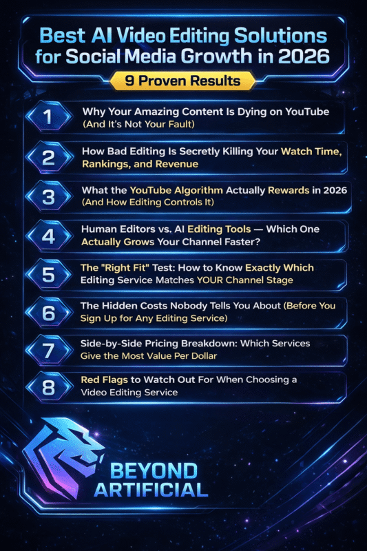 Best AI Video Editing Solutions for Social Media Growth in 2026 infographic showing 9 proven strategies to boost views, engagement, and content performance with beyonf artificial logo