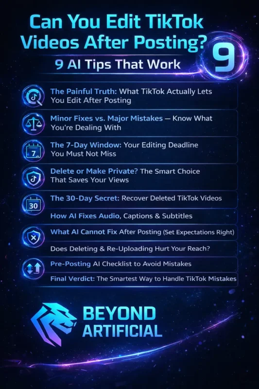 Can You Edit TikTok Videos After Posting infographic showing 9 AI tips to fix, improve, and recover your videos after publishing witn beyond artificial logo