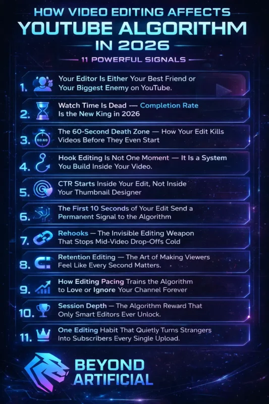 How Video Editing Affects YouTube Algorithm in 2026 infographic showing 11 powerful signals for growth with Beyond artificial logo