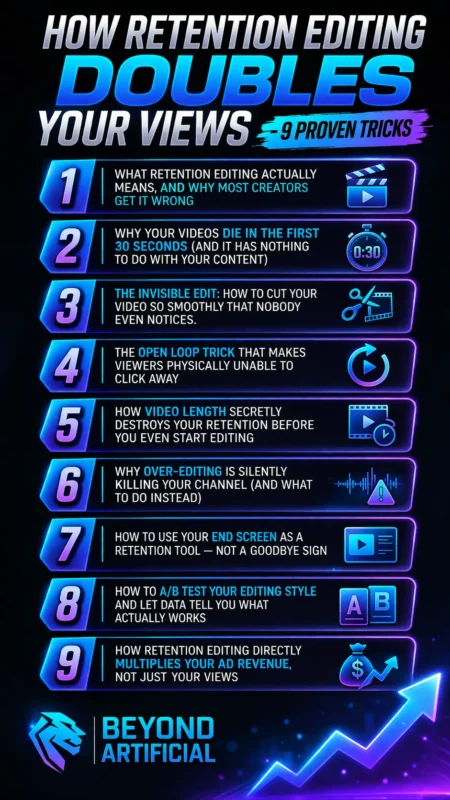 Retention editing infographic showing 9 proven tricks to boost views and YouTube growth with a neon blue design and Beyond Artificial logo
