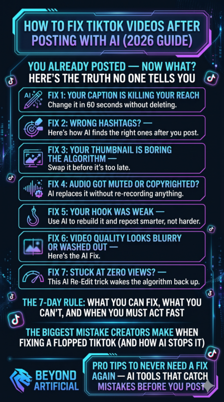 How to Fix TikTok Videos After Posting with AI  infographics image with beyond artificial logo