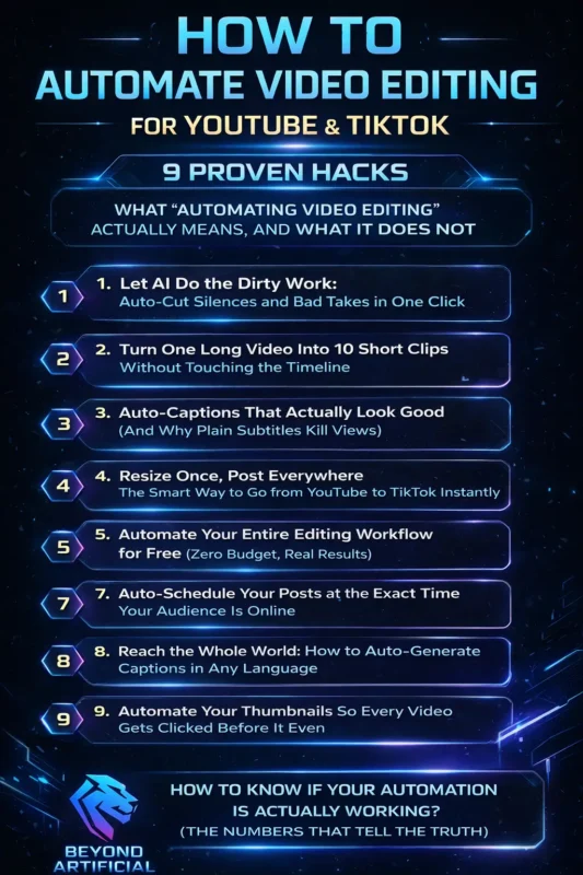 How to automate video editing for YouTube & TikTok - 9 proven hacks infographic with AI editing tips, captions, resizing, scheduling, and workflow automation guide witn beyond artificial logo