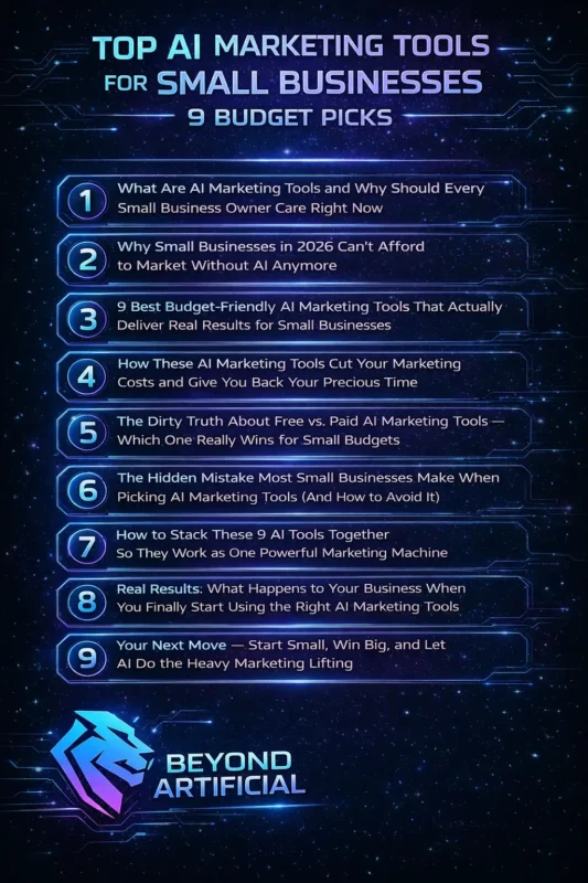 High-impact neon infographic showcasing Top AI Marketing Tools for Small Businesses branded Beyond Artificial.