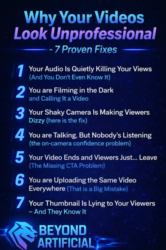 Why your videos look unprofessional - 7 proven fixes infographic with Beyond Artificial branding